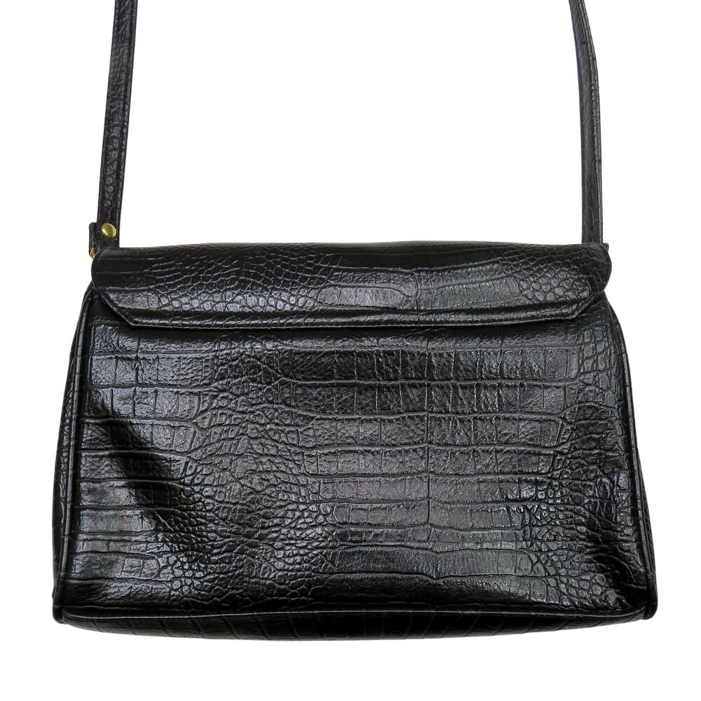 Vintage 1970s Croc Embossed Leather Crossbody Bag Black Gold Medium - Picture 5 of 10